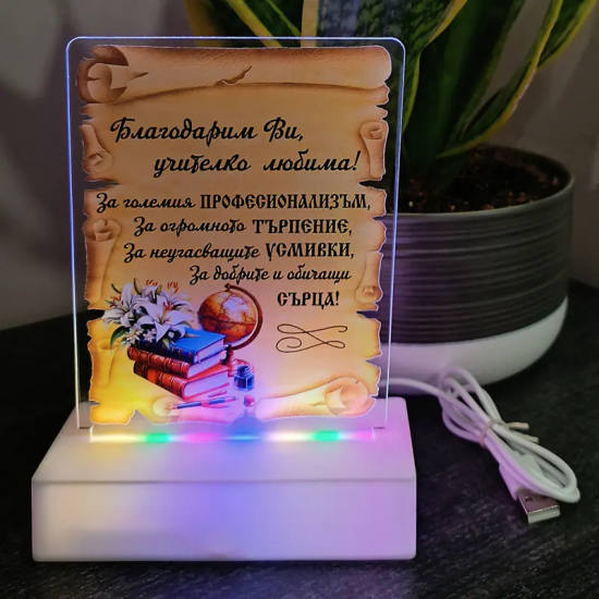 Интериорна 3D LED настолна лампа - Благодарим Ви, учителко любима