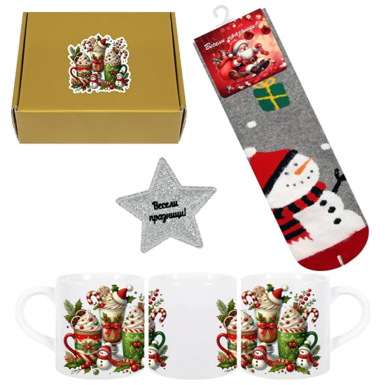 Комплект Весели Празници с чаша, коледни чорапи със Снежко и звезда Комплект Весели Празници с чаша, коледни чорапи със Снежко и звезда
