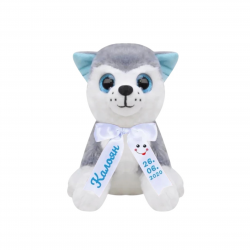 Плюшено куче сибирско хъски с надписана панделка, сиво, 22 см