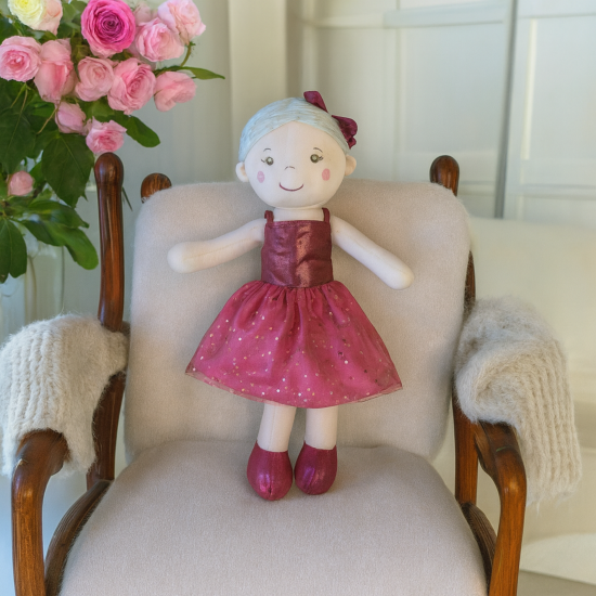 Мека кукла Ани с цикламена рокля, 37 см
