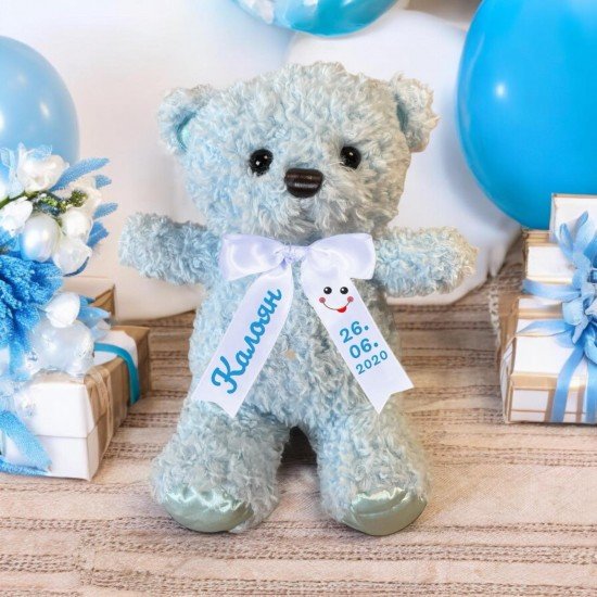 Плюшено мече Рози с надписана панделка, синьо, 25 см