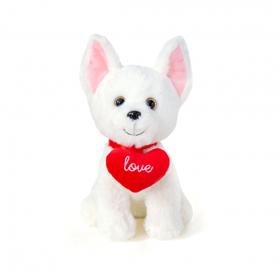 Плюшено куче със сърце, бяло, 24 см