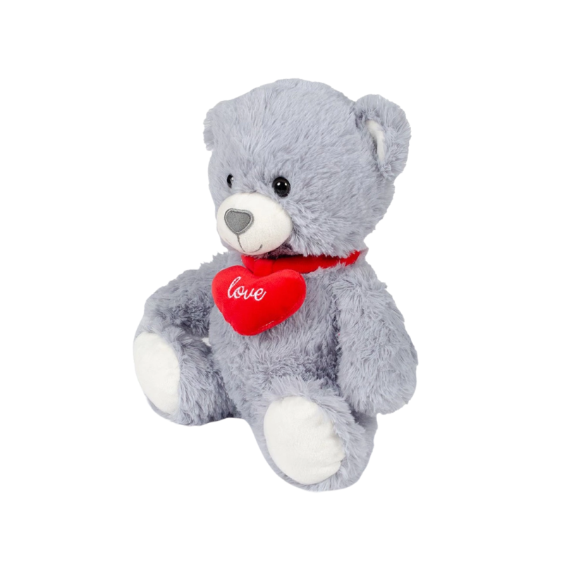 Плюшено мече със сърце, сиво, 30 см