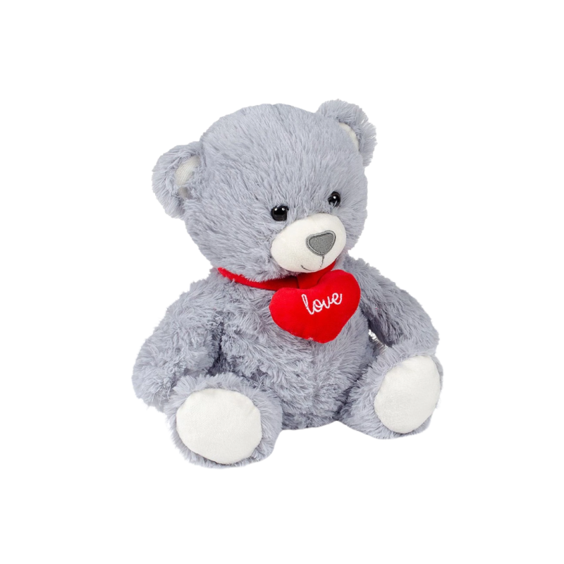 Плюшено мече със сърце, сиво, 30 см