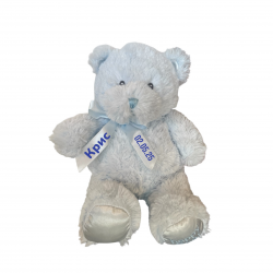 Плюшено мече с бродирани очи с надписана панделка, светло синьо, 28 см