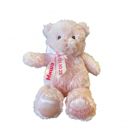 Плюшено мече с бродирани очи с надписана панделка, розово, 28 см