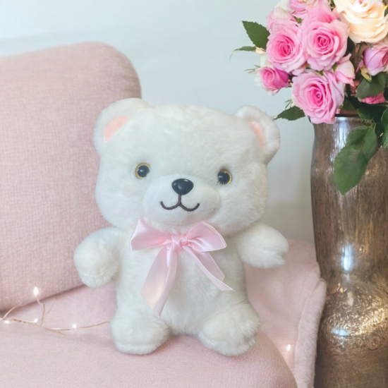 Плюшено мече със сатенена панделка, бяло, 20 см