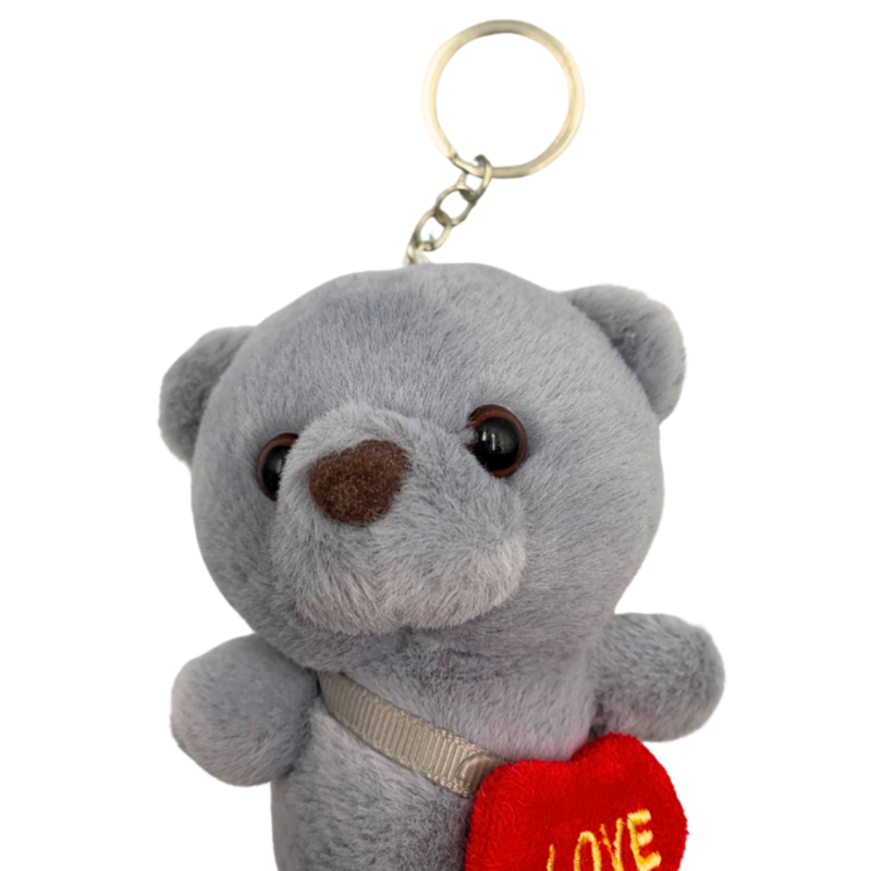 Плюшен ключодържател мече със сърце, сив, 12 см