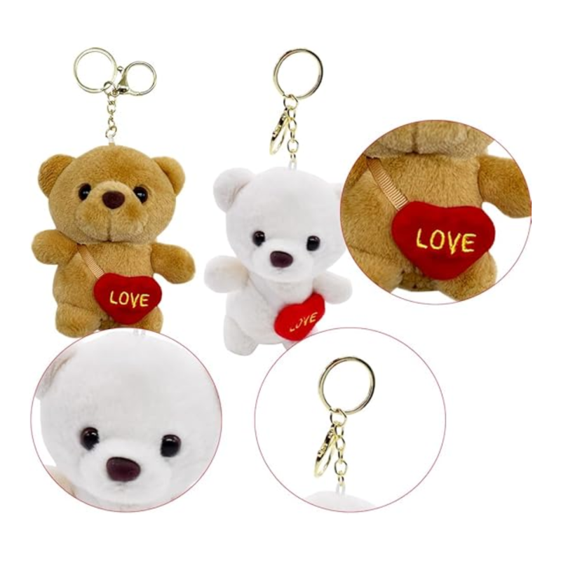 Плюшен ключодържател мече със сърце, екрю, 12 см