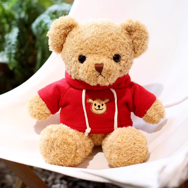 Плюшено мече с червен пуловер, кафяво, 30 см