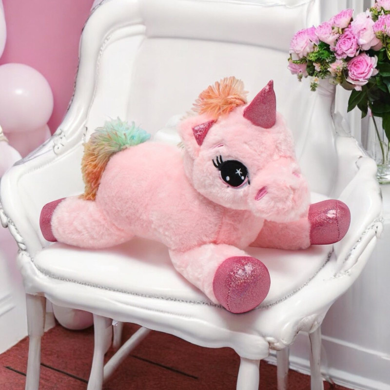 Плюшен еднорог с розов рог, розов, 30 см 