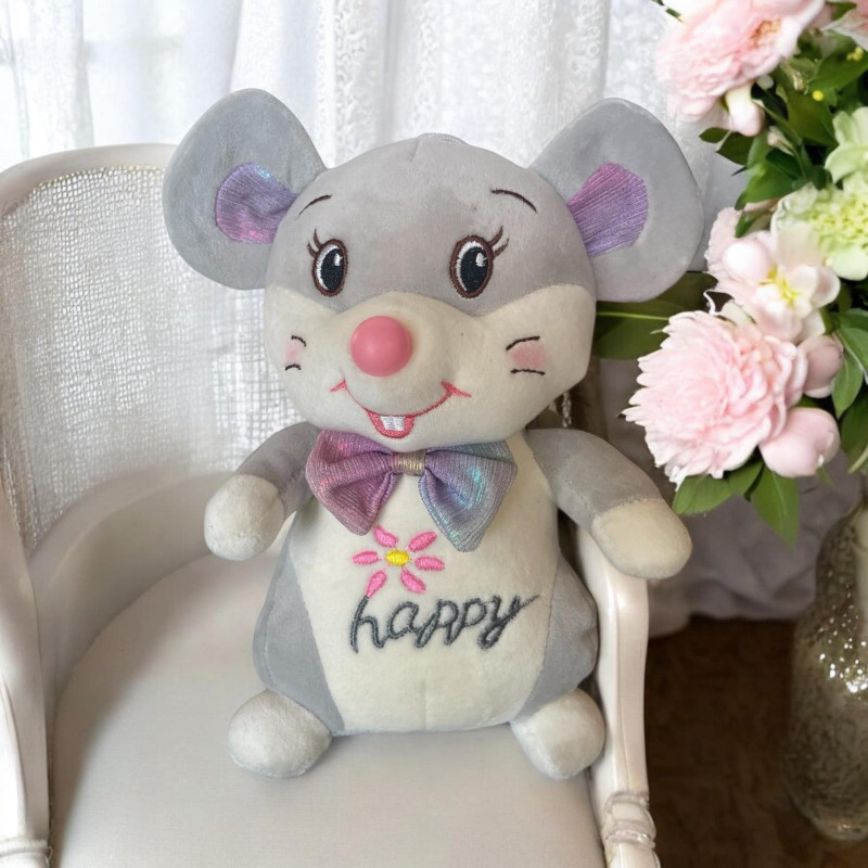 Плюшена мишка с панделка и бродерия, сива, 23 см