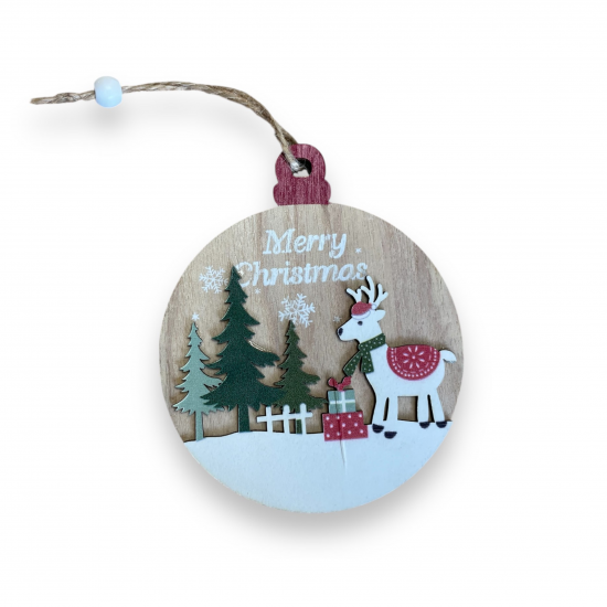 Коледна дървена играчка за закачане - Елен в гората Merry Christmas, 12 см