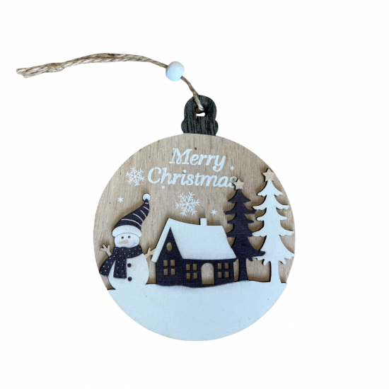 Коледна дървена играчка за закачане - Снежко в гората Merry Christmas, 12 см
