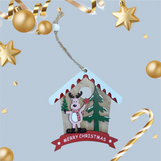 Коледна дървена играчка за закачане - Коледна къщичка Merry Christmas, 12 см