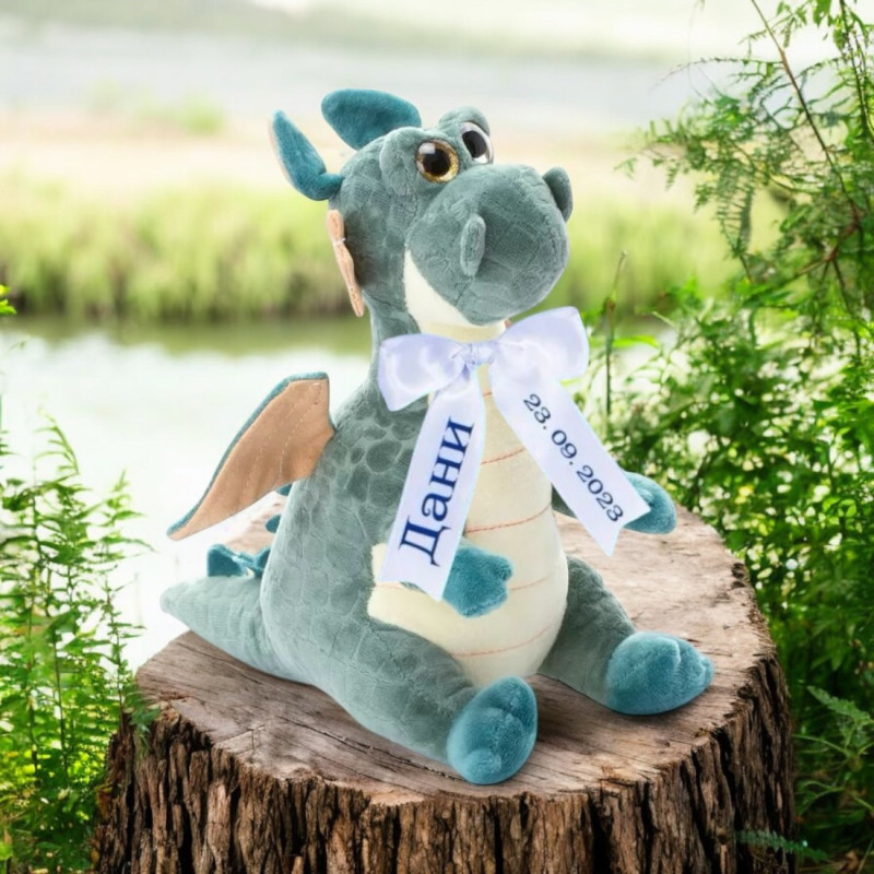 Плюшен дракон Любо с надписана панделка, зелен, 25 см