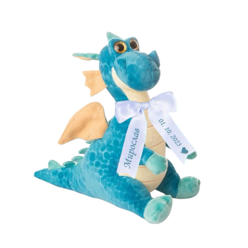 Плюшен дракон Стан с надписана панделка, син, 25 см