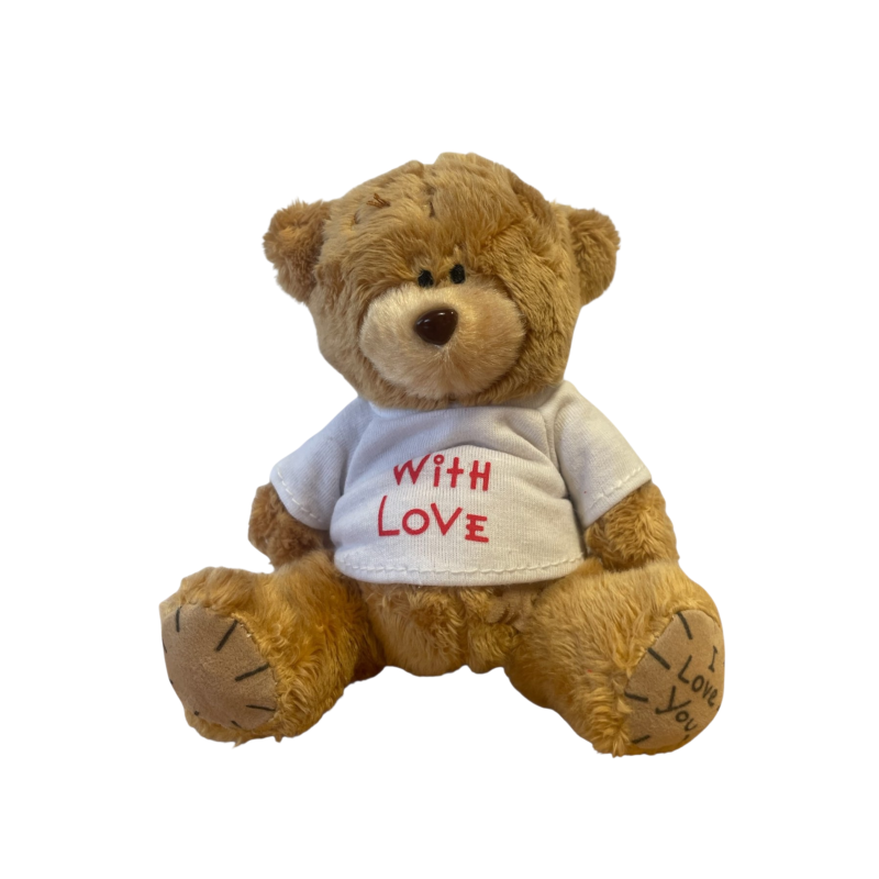 Плюшен ключодържател мече с бяла тениска With love, кафяво, 11 см