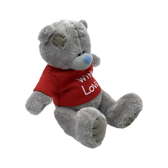 Плюшен ключодържател мече с червена тениска With love, сиво, 11 см