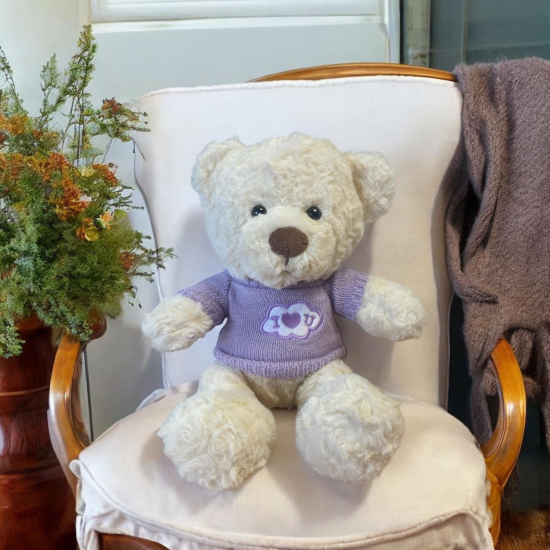 Плюшено мече Ради с лилава тениска I love you, екрю, 25 см