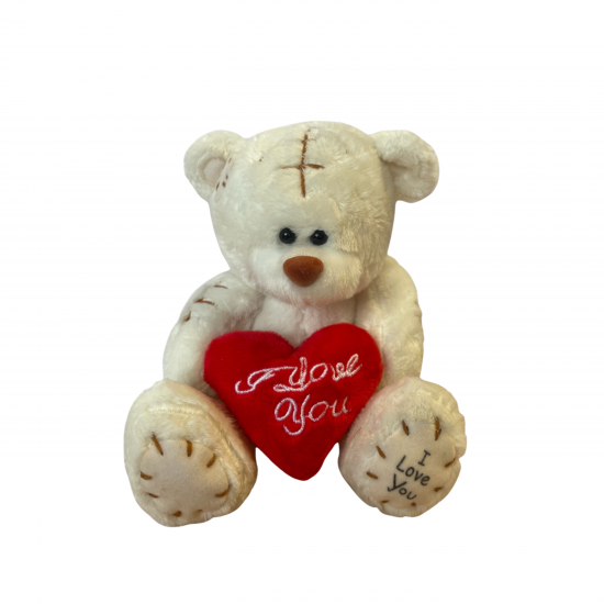 Плюшено мече Клара с червено сърце и надпис, екрю, 13 см