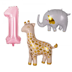 Комплект балони за момиче - Жираф, слон и цифра 1 Комплект балони за момиче - Жираф, слон и цифра 1