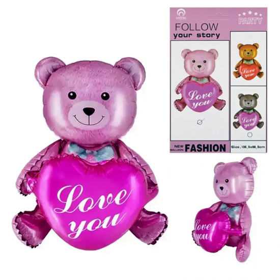 Балон Мече с розово сърце Love you