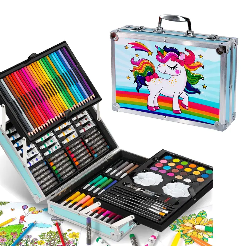 Комплект за рисуване и оцветяване на две нива в синьо куфарче, 145 части