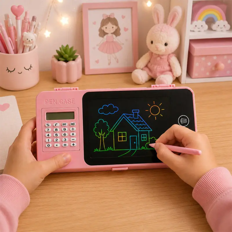 LCD цветен таблет с моливник и калкулатор в розово