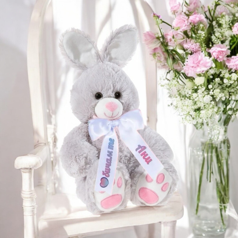 Плюшено зайче с надписана панделка, сиво, 50 см