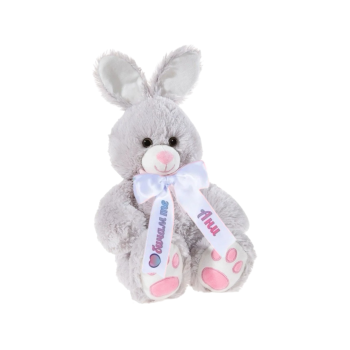 Плюшено зайче с надписана панделка, сиво, 50 см