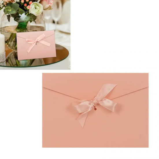Плик от луксозен перлен картон със сатенена панделка в розово