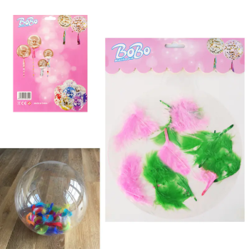 Прозрачен балон за подаръци с розови и зелени пера, Ф50 см