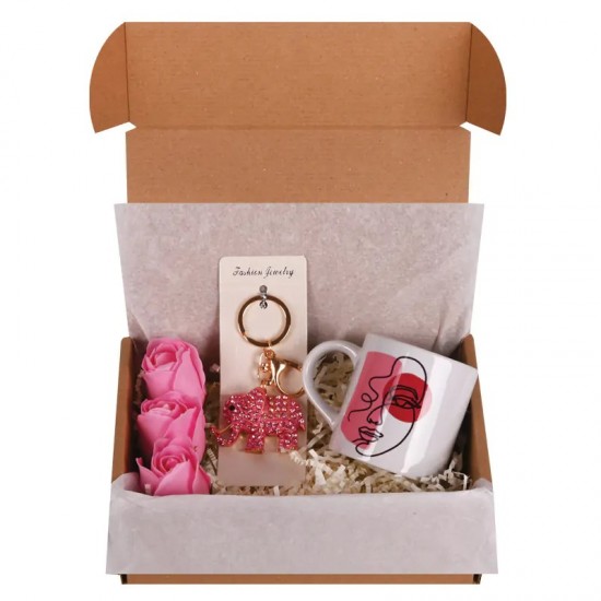 Подаръчен комплект Честит Празник с чаша, сапунена роза и метален ключодържател