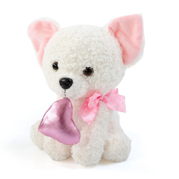 Плюшено кученце със сърце, бяло, 17 см