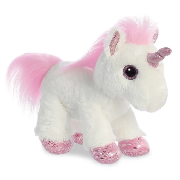 Плюшен еднорог с розов рог Aurora, бял, 25 см