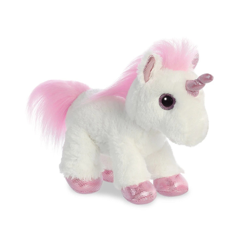 Плюшен еднорог с розов рог Aurora, бял, 25 см