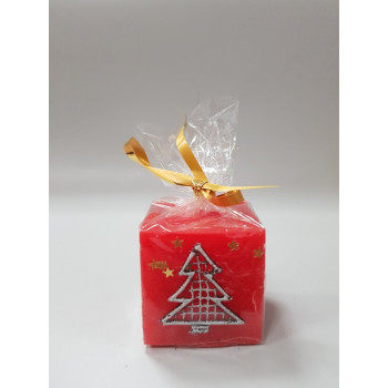 Коледна свещ куб с елха, червена