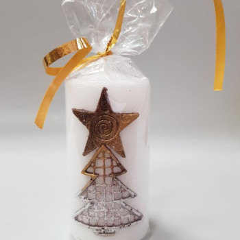 Бяла коледна свещ цилиндър с декорация елха със звезда