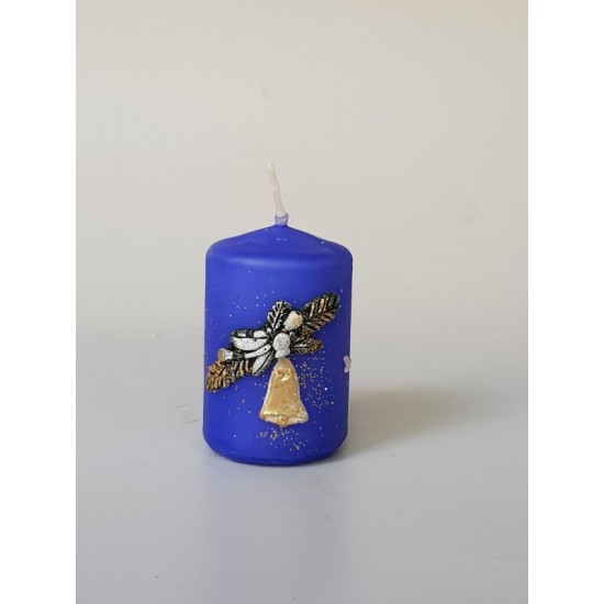 Коледна свещ цилиндър с декорация камбанка, синя