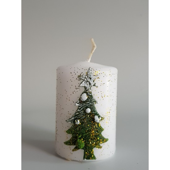Коледна свещ цилиндър с декорация елха, бяла