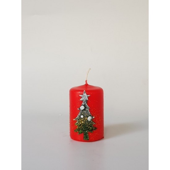 Коледна свещ цилиндър с декорация елха, червена