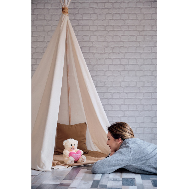 Плюшено мече с розово сърце, екрю, 25 см