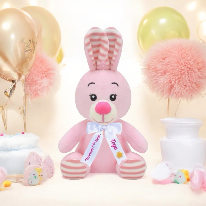 Плюшено зайче с надписана панделка, розово, 15 см