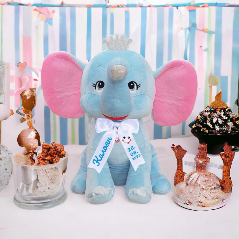 Плюшен слон с надписана панделка, син, 28 см