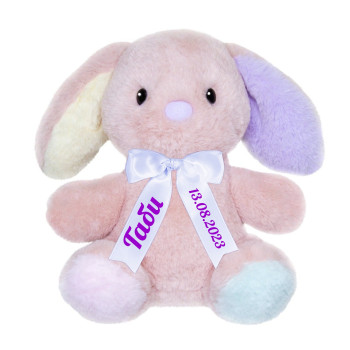 Плюшено бебе зайче с надписана панделка Aurora, розово, 20 см