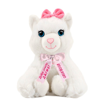 Плюшено коте с надписана панделка, бяло, 30 см