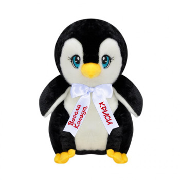 Плюшен пингвин с коледна песен и надписана панделка, 28 см