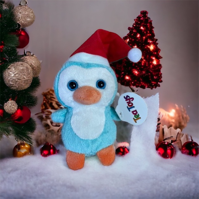 Плюшен пингвин с коледна шапка, син, 15 см