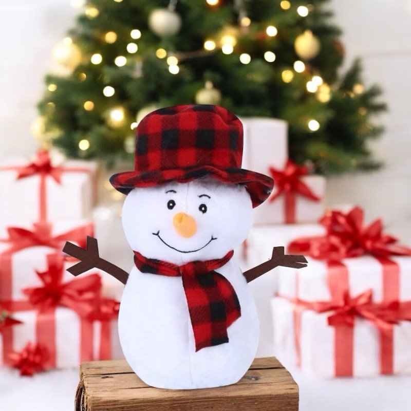 Плюшен снежен човек със шалче и коледна песен, 25 см
